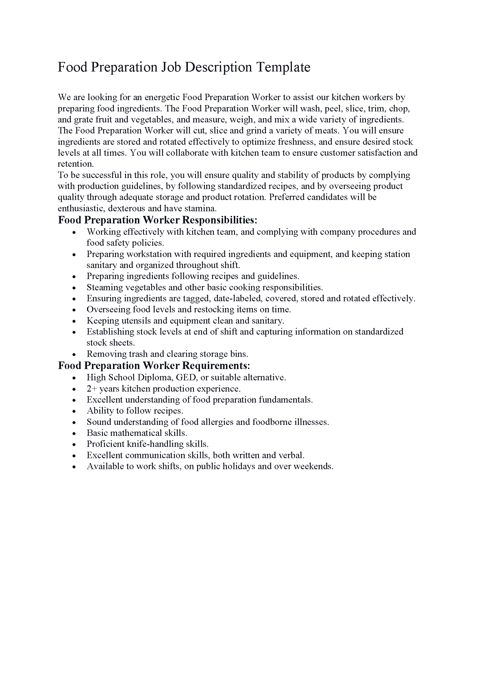 Food Preparation Job Description Template